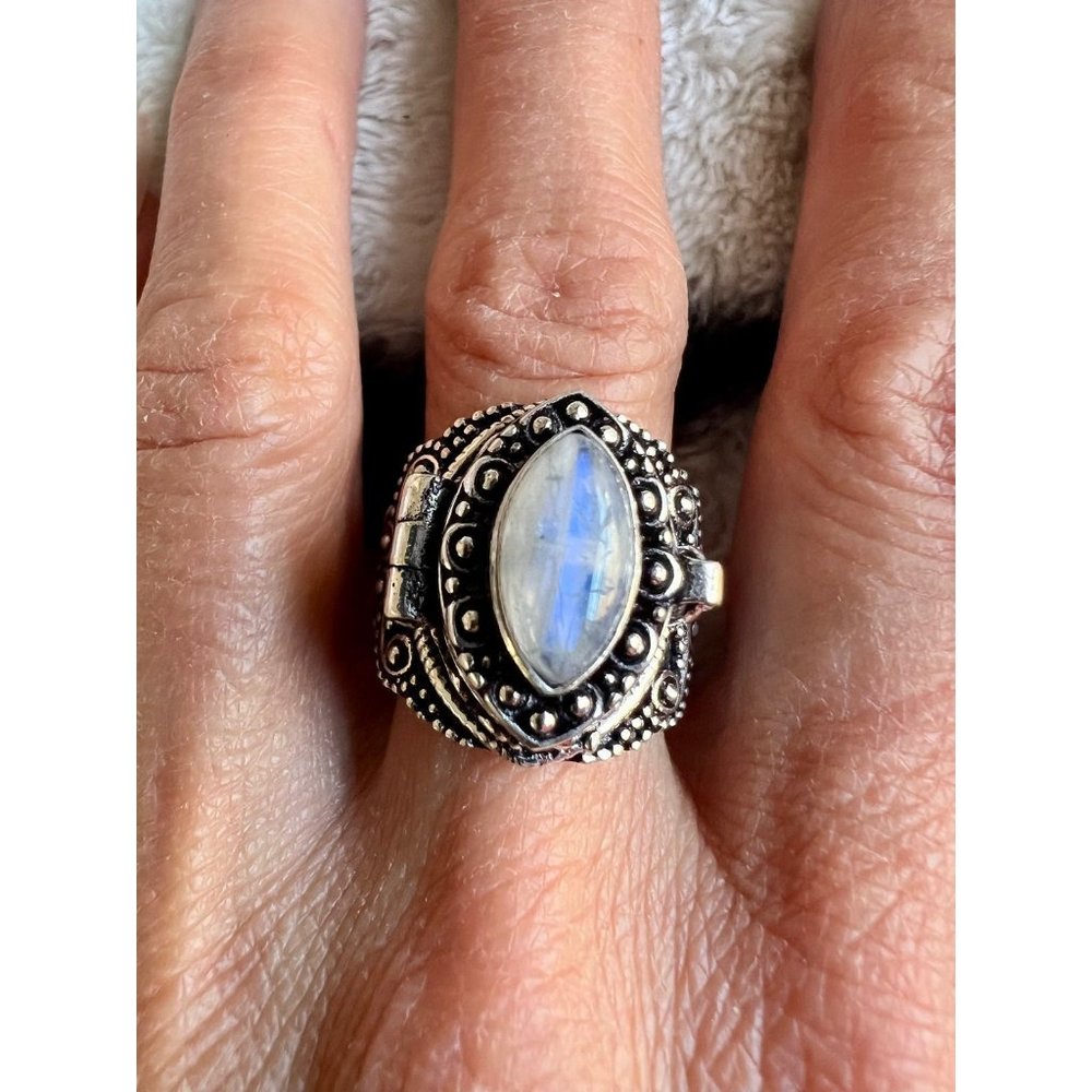 925 Rainbow FLASH Moonstone Poison Ring 9.5, - Picture 5 of 13